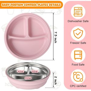 Plaques d'aspiration pour bébé en acier inoxydable avec coque en silicone amovible 2-en-1 bol en métal pour tout-petits divisé pour les enfants - Product Image 3