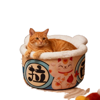 Lit pour chat créatif en forme de bol de ramen, motif chat porte-bonheur japonais, en peluche sherpa douce et confortable, type niche pour chaton ou lit pour chien, vente en gros