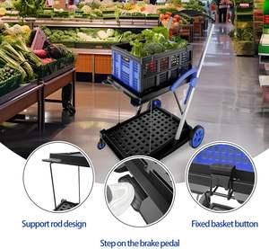 Chariot à provisions à 2 étages avec caisses Chariot pliable à usage multiple avec roues roulantes à 360 ° Chariot utilitaire à usage intensif Chariot pliable - Product Image 4