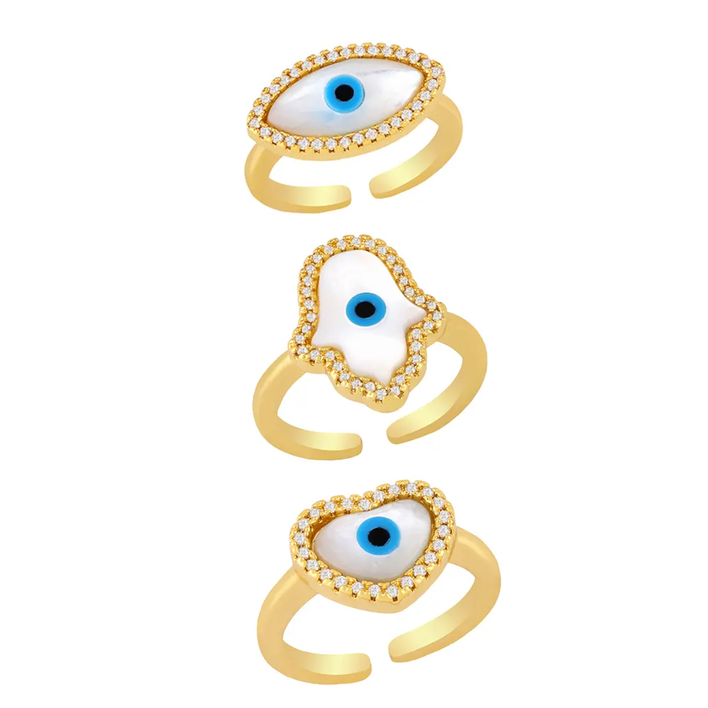 EYIKA-anillo turco con diseño de corazón y concha de cobre para mujer, sortija con diseño de ojo malvado, chapado en oro y piedra blanca, joyería de moda