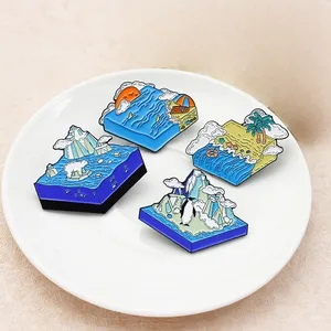Surging Waves Flapping On The Beach Brooch Polar Bears And Penguins On The Glacier Overlook The Distance Soft Enamel Lapel Pin