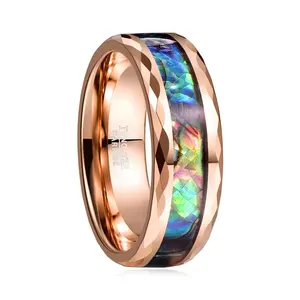 Alin Electroplated Rose With Engraved Edges And Abalone Shell Inlaid Middle Men's Tungsten Carbide Ring