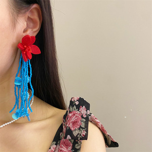 Wholesale Women Red and Blue <b>Flower</b> Sequins Long Fringe Earring Handmade Saffron Earrings Gift for Girlfriend - Product Image 5