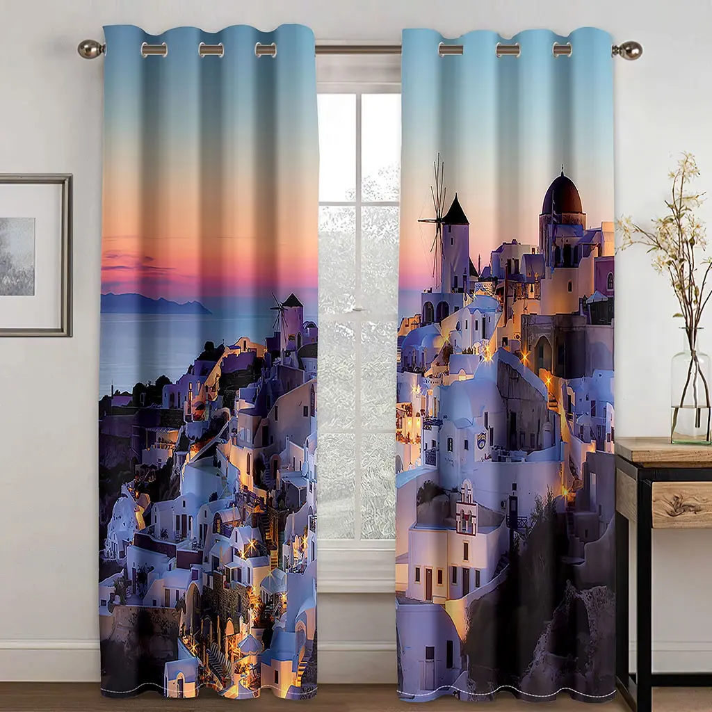Cortinas opacas de paisaje 3D de alta calidad, cortinas modernas de Ciudad de la costa de Europa y los Estados Unidos