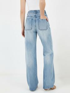 Jean en denim taille haute à jambe large pour femme, coupe ample, longueur intégrale, en coton délavé, style décontracté printemps - Product Image 1