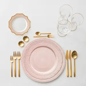 Wholesale Wedding Decoration Table Charger Ceramic Gold Charger Plates Porcelain Dinner Plate 13 Inch Embossed Blush Pink