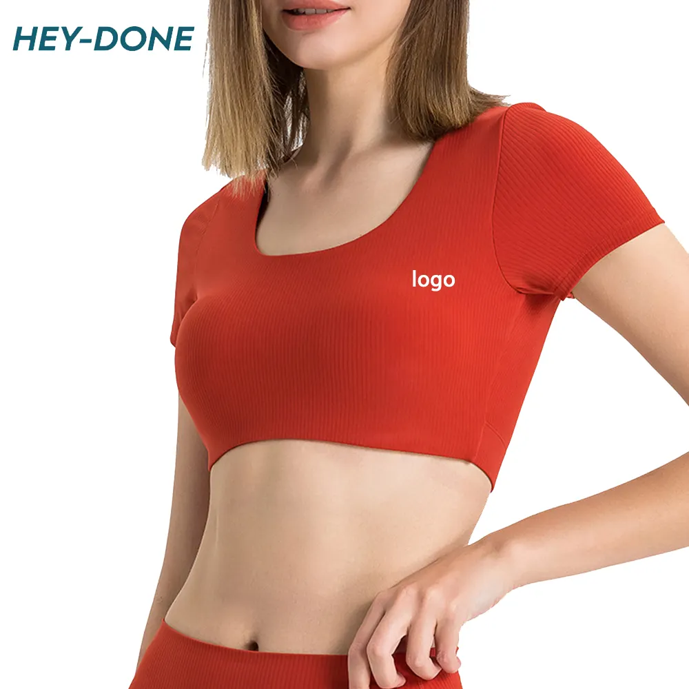 Heydone Custom Design Ladies Ribbed Short Slim Fit Workout Cropped Top Quick Dry Plus Size Sport Yoga Sexy Shirts For Women Tops