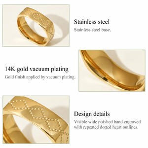 แหวนลายหัวใจ สแตนเลสสตีล ชุบทอง 14K แบบสุญญากาศ วงแหวนขัดเงาแบบกว้าง สลักลายเส้นหัวใจแบบจุดซ้อนทับซ้อน - Product Image 2