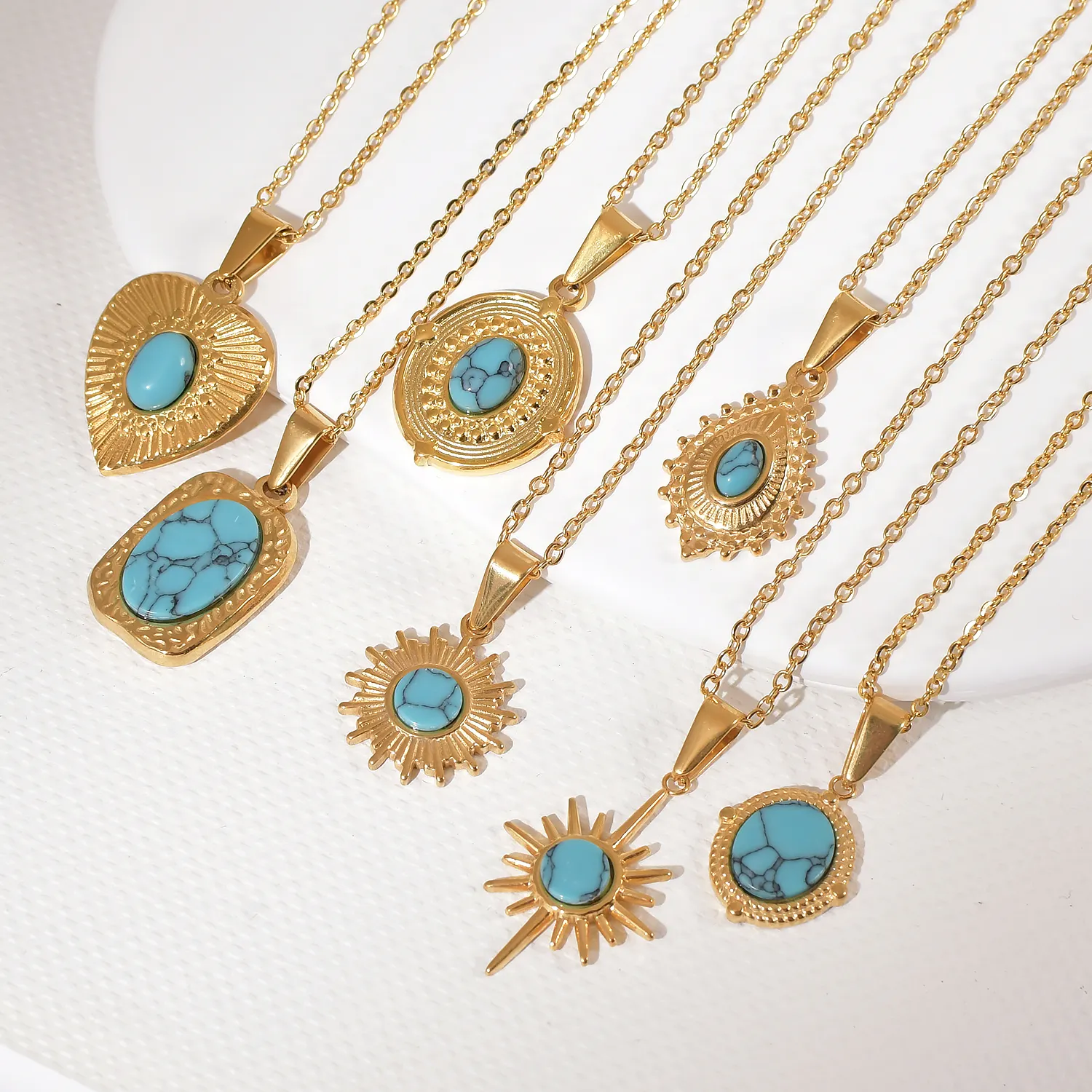 Bijoux pour femmes PVD or acier inoxydable pendentif vintage ovale coeur forme carrée bleu turquoise pierre naturelle collier chaîne à breloques