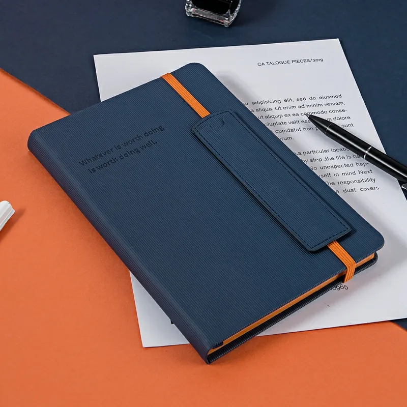 Custom Orange Dark Blue Notebook Emboss Logo Diary With Leather Band And Pen Holder A4 A5 Hard Cover Agenda Journal Pained Edges