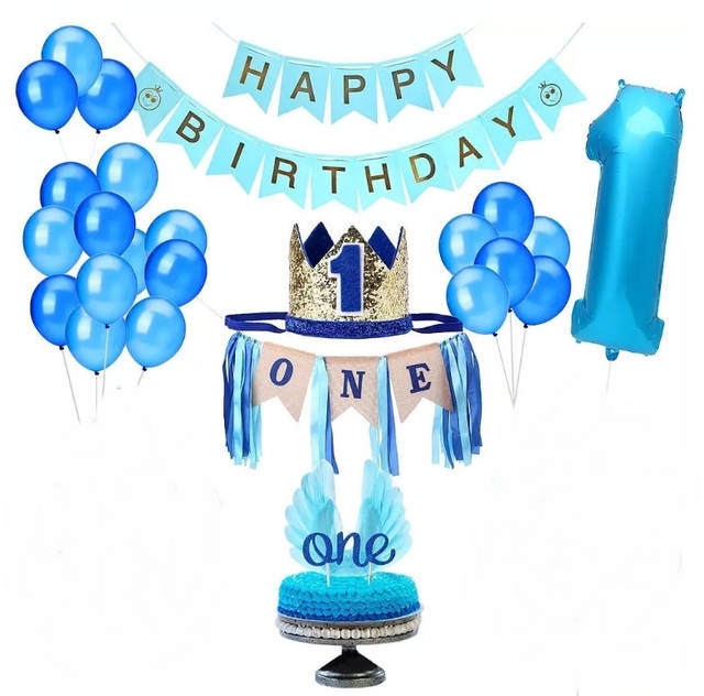 ONE Children Boys Birthday Party Decoration Supplies Glitter Happy Birthday Banner & Balloon with Gold ONE Crown Hat Cake Topper