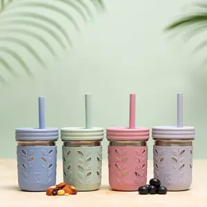 New Shape Silicone Sleeves With Straw For 8oz Glass Mason Jars