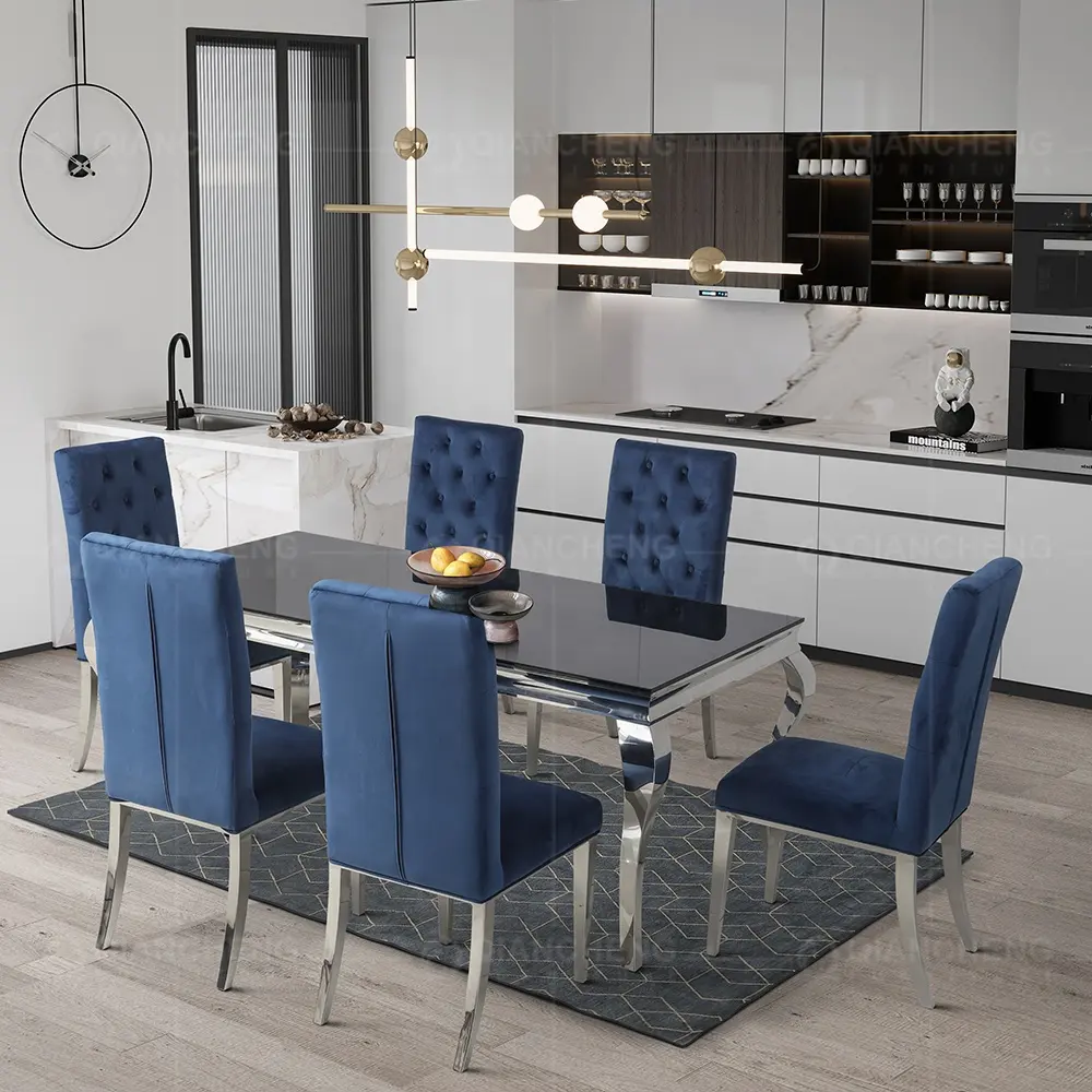 Mobiliário doméstico moderno, conjunto de jantar, sala de jantar, mesa, 6 cadeiras, prata, aço inoxidável, vidro preto, mesa de jantar