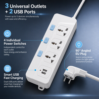Multiprise industrielle universelle durable avec logo personnalisé, 3 prises individuelles avec interrupteurs, 2 ports USB, câble de 1,8 m, courant nominal 10A pour