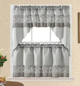 Kitchen Cafe Curtain Set for Small Windows. Satin Fabric with Matching Color Daisy Embroidery and Lace for Living Room