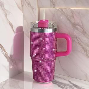 แก้วกาแฟแบบมีหูจับ ขนาด 14 ออนซ์ ประดับเพชรหลากสี แบบขายส่ง พร้อมฝาปิดและหลอดดูด - Product Image 2