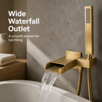 Robinet de baignoire mural moderne en or brossé, mitigeur de bain-douche encastré avec cascade et douchette à main