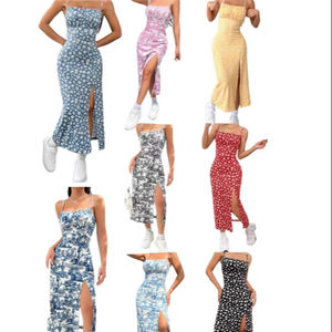 Otoño 2025 Vestido largo Sin tirantes Envoltura en el pecho Abertura alta Margarita Estampado de leopardo Envoltura alrededor de la falda Maxi Vestido - Product Image 1