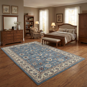 Alfombra Oriental Floral Rectangular Azul Marfil de Lana y Poliéster Anudada a Mano Antideslizante para Sala de Estar con Pelo Medio y Base de Goma - Product Image 3