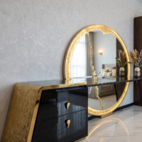 Table de toilette de luxe italienne avec miroir LED effet craquelé doré, 2 tiroirs, finition noir brillant, structure métallique, pour chambre et appartement