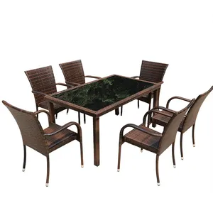 Factory Wholesale Garden Furniture 7pc Dining Table And Chair Sets Stacked Chair Tempered Table