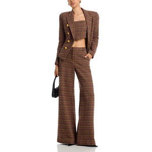 Completo da Donna <span class=keywords><strong>Marrone</strong></span> a Pied-de-Poule, Blazer <span class=keywords><strong>Doppiopetto</strong></span> con Bottoni Dorati e Pantaloni a Gamba Larga, Tailleur Elegante da Ufficio - Product Image 1