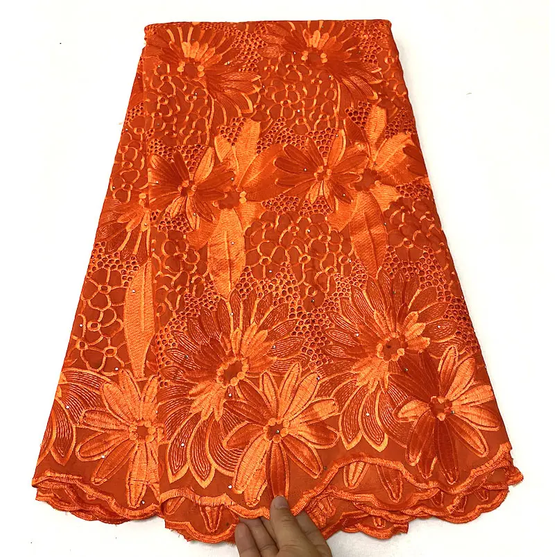 High Quality Latest Burnt Orange Swiss Cotton Voile African Nigerian Lace Fabrics for Cloth