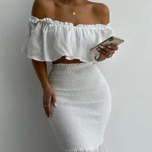 ชุดเซ็ต 2 ชิ้น กระโปรงยาวทรงเข้ารูปเอวสูงจีบสีพื้นใหม่ พร้อมเสื้อแฟชั่นผู้หญิง แต่งระบายชายกระโปรงแบบเค้ก - Product Image 5