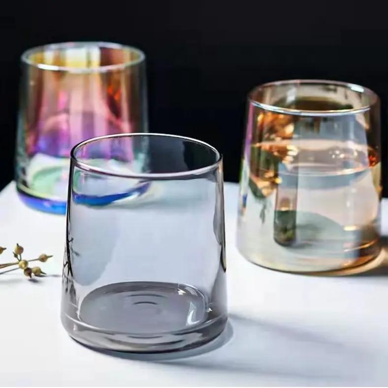 Kustom Logo 4 warna bening warna-warni Amber abu-abu stoples kaca miring mewah 6oz 8oz gelas kaca untuk jus air wiski