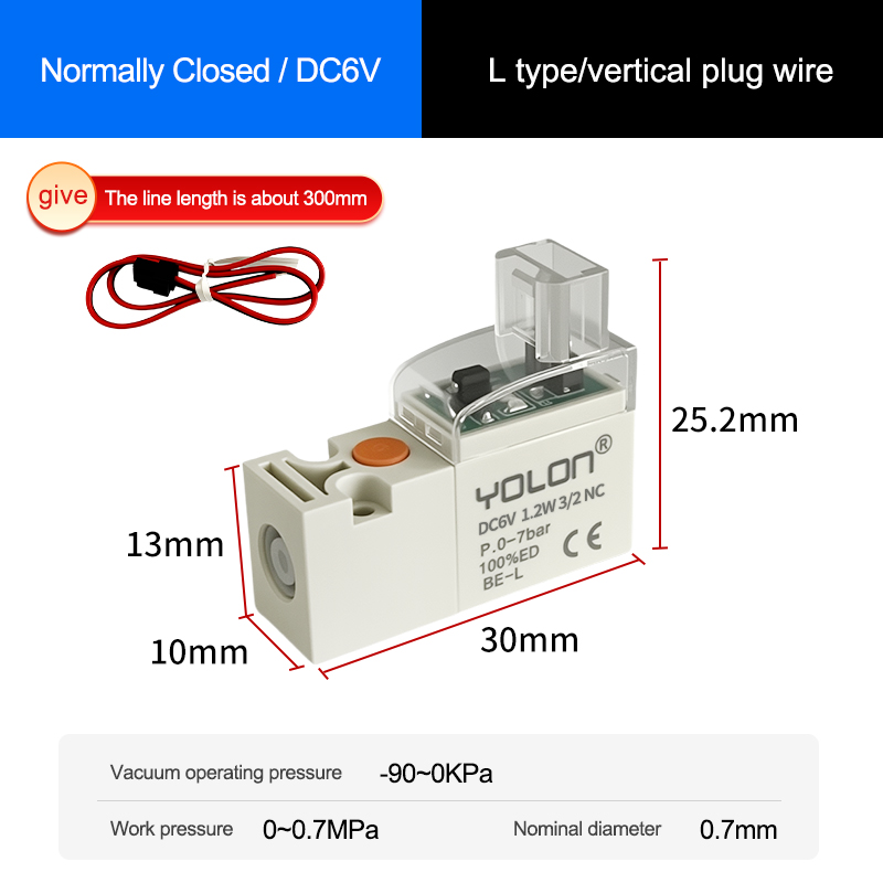 Cable de enchufe vertical tipo L de 3/2 vías/Normalmente cerrado DC6V