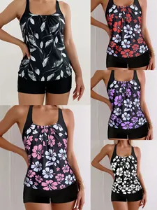 Nouveau maillot de bain deux pièces pour <span class=keywords><strong>femme</strong></span>, <span class=keywords><strong>tankini</strong></span> <span class=keywords><strong>amincissant</strong></span> sans manches, imprimé floral, col rond, short boxer en mousseline, sans armatures - Product Image 2