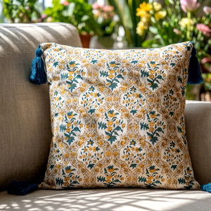 Ethnic Style Printed Cotton <b>Cushion</b> <b>Cover</b> Featuring Elegant Corner Tassel Accents, OEM Bulk Wholesale Supplier18X18 - Product Image 1