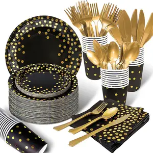 LUCKY Kids Happy Birthday Decoration Black Gold Party Supplies Set Party Graduation Wedding Disposable Paper Tableware