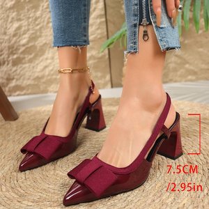 81935 Spring New Cross Border Foreign Trade Women's <b>Shoes</b> Bow <b>Accessories</b> Fashion Hollow Thick Heel Pointed Large Sandals - Product Image 2