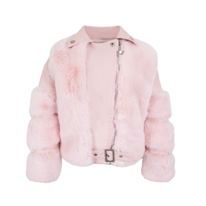 Giacca Corta <span class=keywords><strong>Rosa</strong></span> in Ecopelliccia per Bambine, Stile Moto con Colletto, Patchwork in Pelle PU, Chiusura a Cerniera, Cappotto Invernale Caldo per Bambini e Neonati, Abbigliamento Boutique - Product Image 2