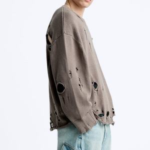 เสื้อสเวตเตอร์ไหมพรมเทอร์รี่ผ้าฝ้าย 100% สกรีนโลโก้ตามสั่ง ขายส่ง ทรงโอเวอร์ไซส์ แต่งลายขาดๆ สำหรับผู้ชาย ฤดูใบไม้ร่วง - Product Image 4