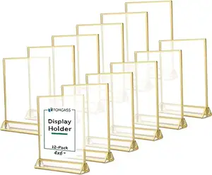 4x 6英寸标准双面亚克力婚礼桌数字相框，带有3毫米金色边框和垂直支架的清晰标志架