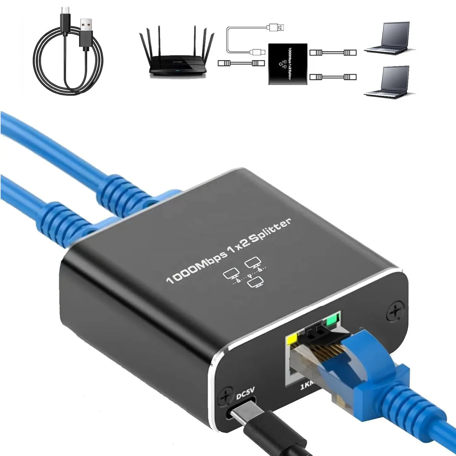 Pemisah Ethernet 1 hingga 2 kecepatan tinggi 1000Mbps, pemisah LAN Gigabit dengan kabel daya USB, pemisah RJ45 untuk Cat5/5e/6/7/8