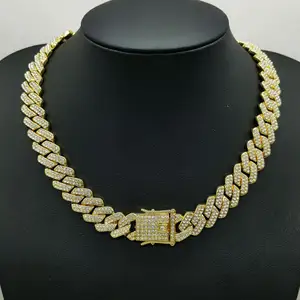 Оптовая продажа, ювелирные изделия в стиле хип-хоп, кубинский бриллиант, браслет-цепочка 14 мм, бриллиантовое позолоченное украшение со стразами, кубинская цепочка, ожерелье