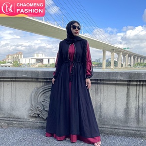 6429# Chiffon Black Open With Pearls With Belt and Dress Two Pieces Vestidos Fashionable Abaya Dress - Product Image 1