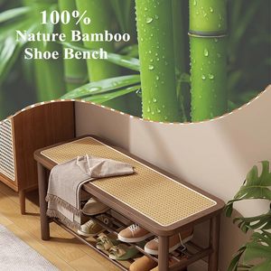 SENYU Bamboo Shoe Rack Bench with Rattan Seat, 3-Tier Shoe Storage Bench, Entryway Bench for Hallway - Product Image 6