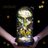 Cadeau de la Saint-Valentin YM : rose éternelle sous cloche en verre, lampe LED, fleurs en verre plaqué or 24 carats avec lumières, papillon sous cloche en verre