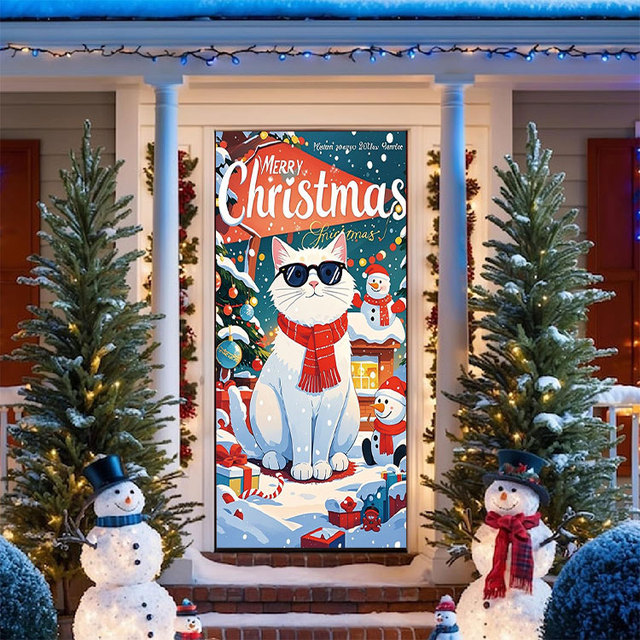 Christmas Door Cover Banner Background Cloth Holiday Party Decoration Door Curtain Hanging Flag Couplet-Modern Soft Polyester UV