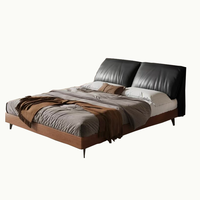 Mid-Century Modern Doppelbett mit Kopfteil und Stauraum, Massivholzrahmen, Schwarzes Leder-Polsterbett mit Hydraulischer Hebevorrichtung und Schublade
