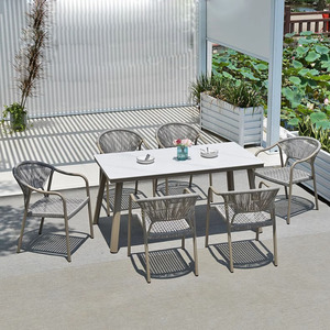 Ensemble <span class=keywords><strong>de</strong></span> table et <span class=keywords><strong>de</strong></span> chaises <span class=keywords><strong>de</strong></span> salle à manger d'hôtel français contemporain, en aluminium pliable, <span class=keywords><strong>6</strong></span> <span class=keywords><strong>places</strong></span>, meubles <span class=keywords><strong>de</strong></span> <span class=keywords><strong>jardin</strong></span> d'extérieur - Product Image 1