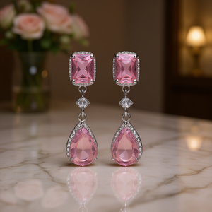 Orecchini Pendenti E3039 con Gemma Rosa, Taglio a Pera, Montatura a Castone, Gioielli Romantici da Donna per Feste, Orecchini in Lega alla Moda - Product Image 2