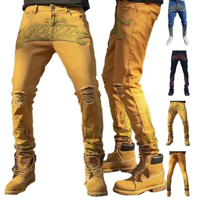 Custom Wash Distressed Rhinestone Denim Pants Softer Elastane Twill Skinny Fitting Men's Jeans