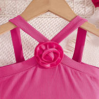 Pakaian Musim Panas Model Terbaru untuk Anak Perempuan, Atasan Tali Selempang Warna Solid dengan Bunga 3D, Rok Lipit 2Pcs, Pakaian Anak 0-5 Tahun