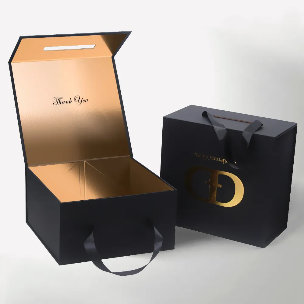 Custom Logo Luxury Paper Big Black Gold Book Shape Rigid Hardbox Magnet Magnetic Gift Packaging Box With handle