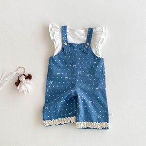 Tuta estiva Casual a pois 2025 da ragazza <span class=keywords><strong>pantaloni</strong></span> in Denim con fiocco alla moda per bambine e bambini - Product Image 3